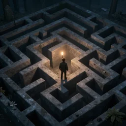 A man on a brain labyrinth trying to find a way out with a torch, maze, top cinematic view, fantasy artwork, trending on artstation, very coherent