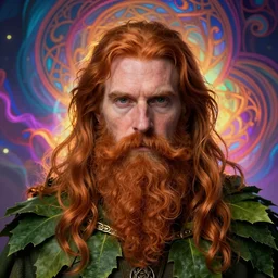 masterpiece portrait of old sylvan green man with long auburn hair and beard, kind eyes, wearing a leaf cloak, hyper realistic face, volumetric lighting, celtic fantasy art, psychedelic, in the style of greg rutkowski, donato giancola, tom bagshaw, intricate, hyper detailed, smooth, vibrant aura
