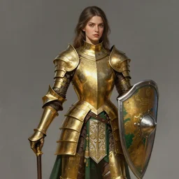 full - body portrait of a female italian warrior with medium - length hair and a very detailed face wearing elegant golden plate mail armor with green and white accents, holding a tower shield, highly detailed, digital fantasy painting, artstation, character concept art, smooth, sharp focus, illustration, art by artgerm and greg rutkowski and alphonse mucha