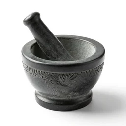 art deco mortar and pestle, commercial catalog photo, isolated on a pure white background, centered, entire object in frame, sharp focus, soft studio lighting