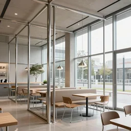 interior design of cafe, modern, steel and glass, mies van der rohe, very detailed