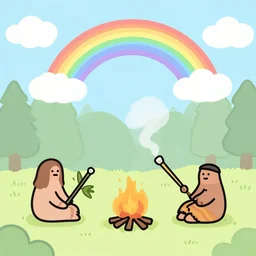 minimalistic cartoon drawing, hippie blowing smoke out from a blunt, campfire, smoking blunts, marijuana leaf, hippies, rainbows, forest, tons of clouds, peace sign, music festival, pastel colors