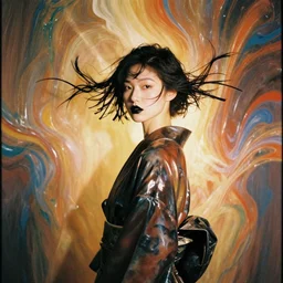 filmstill, over the shoulder, upper body, photography of asian girl model looking to camera, black lips, black ribbons in the wind, latex kimono, warm colors, sculpture, volumetric light, lightbeams, art noveau style, neobrutalistic, liquid acrylic paint fluid, painted by monet and kandinski, photography, hypperrealistic, beautiful details, smooth illustration