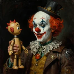 a close - up dark portrait painting of a steampunk scientist clown holding a wooden puppet. gloomy atmosphere, black background. highly detailed science - fiction painting by norman rockwell, moebius, frank frazetta, and syd mead. rich colors, high contrast. artstation