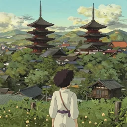 a girl looking in a massive city with ancient japanese architecture, wide shot from behind, art by hayao miyazaki, studio ghibli film, hi res, 4k