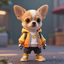 a robotic super hero honey colored chihuahua puppy Showing off her streetwear , artstation, greg rutkowski, cinematic