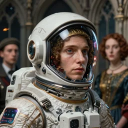sci fi futuristic cyber astronaut lost in galaxy jan van eyck edward hopper and jenny saville and james jean closeup portrait of a medieval with cyberpunk sci fi helmet, nicoletta ceccoli, mark ryden, lostfish, hyung tae, frank frazetta, depth of field, detailed and intricate gothic environment, 8 k resolution, hyperrealistic, octane render