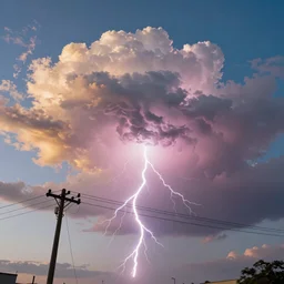 low angle, pink golden clouds, blue sky, golden hour, telephone lines, thunder storm, lightening, detailed, photograph, award wining, trending on artstation, 4k, unreal engine 5, octane render, neon highlights