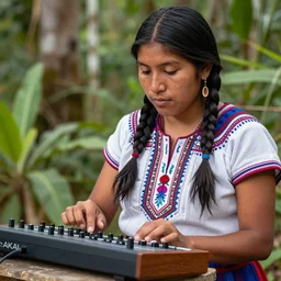 highly detailed portrait of a an indigenous ecuadorian tsachila young woman pushing buttons on a akai sampler in the jungle in gta v, loish, rhads. poster art by stephen bliss, unreal engine, greg rutkowski, ferdinand knab, makoto shinkai and lois van