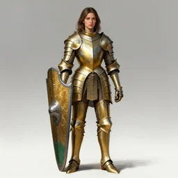 full body portrait of a female italian warrior medium length brown hair and a very highly detailed face wearing elegant golden plate mail armor painted wit green and white accents, holding a rectangular tower shield, very highly detailed, artstation, cgsociety, realistic character concept art, sharp focus, by greg rutkowski, artgerm, and alphonse mucha