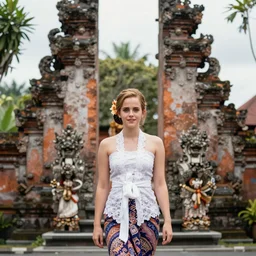 emma watson wearing kebaya bali in bali iconic place in bali. front view. instagram holiday photo shoot 5 0 mm