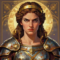 pixel art of the Greek godess Hera looking angry, rusty armor, portrait, digital painting, artstation, concept art, beautiful face, symmetric face, videogame cover art, by Artgerm and Greg Rutkowski and Alphonse Mucha
