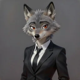 beautiful oil painting of anthromorphic female wolf, in style of zootopia, zootopia, zootopia, fursona, furry, furaffinity, 4 k, deviantart, furry art, fursona art, wearing black business suit, business suit, in style of zootopia, wolf fursona, cyberpunk, female, very very expressive detailed feminine face,