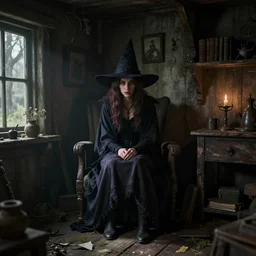 a witch sitting in the shadows on the inside of a decrepit cottage, highly detailed interior, hyperrealistic, Cryengine 8k UHD
