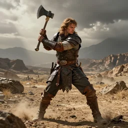 Brian Blessed,  as a barbrian in leather armor, in a wasteland, swinging an axe, in Travis Charest style