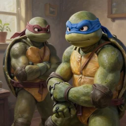 painting of ninja turtles, hyper realistic t, natural light, concept art, by greg rutkowski, cozy atmospheric and cinematic lighting