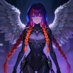 anime cyberpunk art, cute and beautiful full body female angel in the style of ghost in the shell, red blue purple black fade, orange braided hair, dark purple lighting, night like eyes, braided hair, highly intricate detailed, braided hair, advanced digital gothic art, soft blur and glow, wlop and rossdraws and sakimimichan