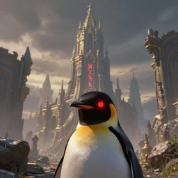 penguin with red glowing eyes in the foreground, eternal necropolis tower in the background, guild wars 2 art style