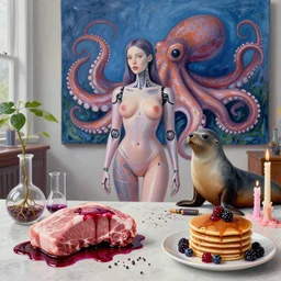 sensual, female android in her apartment, surgical equipment, giant octopus, a fur seal, raw pork, berry juice drips, pancakes, berries, peppercorns scientific glassware with plant roots, art supplies, candles dripping wax, neo - impressionist surrealism, acrylic and spray paint and oilstick on canvas