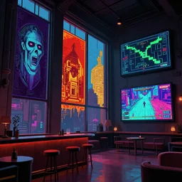 lounge with very tall windows, bar, screen, horror movies props, gameplay still frame, 4 colors, pixel art, futuristic, splash screen, level design, high contrast, background, deep focus, highly detailed, dramatic lighting, digital painting, artstation, concept art, matte, greg rutkowski, moebius.