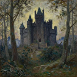 the dark castle in the decaying forest by greg rutkowski and claude monet, oil on canvas