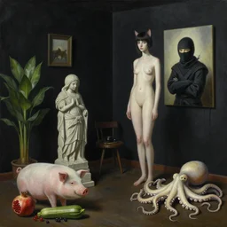 realistic painting of a burnt female artist's apartment, black dripping walls, tall emo catgirl, stone sculpture, a pig, a ninja painting on black walls, pomegranate, bromeliads, ivory, octopus, a courgette, berries, zen, sensual, surrealist painting by magritte and rousseau and kawase hasui