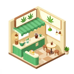 cannabis coffee and cake cafe isometric axonometric fun 3 d cartoon, beautiful composition structure by anni albers and felice casorati