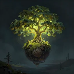 a fantasy painting of a floating sphere carrying a glowing tree, digital art, matte painting