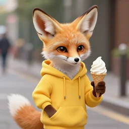 furry art of female fennec fox walking down the street holding an icecream cone, digital art, artstation, 4K, detailed, detailed fur, big anime eyes, wearing yellow hoodie, detailed face, anthromorphic,