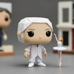 beautiful three point perspective film still of origami holly herndon funko pop character study in merce cunningham, extreme closeup portrait in style of frontiers in miniature porcelain photography fashion architectural art studio edition, miniature ballerina figurine, pointe pose, tilt shift background, soft lighting, kodak portra 4 0 0, 8 k, macro, cinematic style by emmanuel lubezki