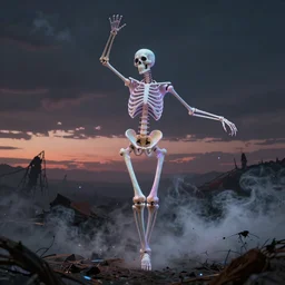 a tall,scary and slender skeleton with soft and luminous colors dances in an apocalyptic landscape with vapor and smoke in twilight, darkart, hyperdetailed, hyperealistic,cinematography, 8k,Artstation, Deviantart, beautiful -1024