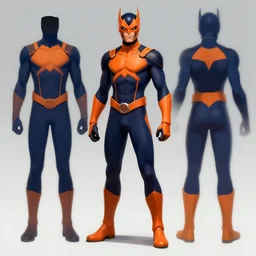 supervillain concept art, character sheet, navy and orange, acadia national park inspired suit, skin - tight, upper body portrait, digital art