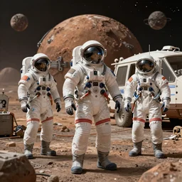 workers on mars in space suits returning home after a hard days work, hyper realistic, octane render, 8K HD