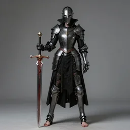 full portrait, female vampire knight in black heavy armor, well - protected, metal mask, tall gladiator sandals, barefoot, giant two - handed sword covered in blood, enchanting, mysterious, elegant, good lighting, realistic proportions, reasonable fantasy, ghostblade, wlop