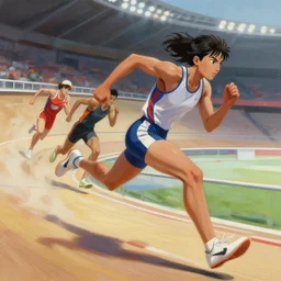 cinematic painting of qwop!!!!!!!!!!!!!!!!! running down the track by ayami kojima,, greg hildebrandt, and mark brooks, kinetic, motion, athletic, running