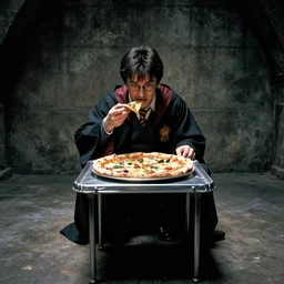 Harry potter film, a scene where Harry is eating in a Concrete wall basement, Pizza is placed on a small aluminum table placed in the center, Dark cinematic color tones.