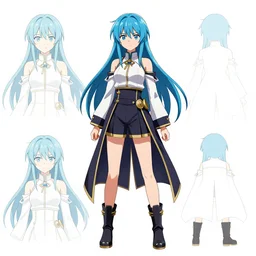 a blue-haired alchemist girl,  anime model sheet; in the fantasy studio bones anime; character outfit concepts; trending on artstation, highly detailed, clean lineart