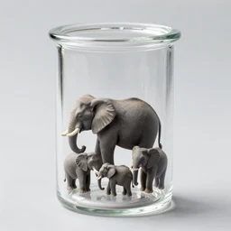 clear glass sample vial containing several elephants, 8 k
