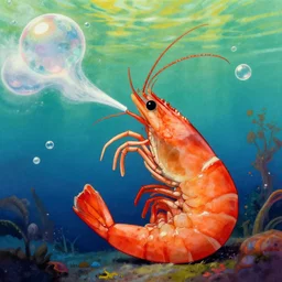 A psychedelic portrait of an annoying shrimp blowing snot bubbles, vibrant color scheme, highly detailed, in the style of romanticism, cinematic, artstation, Moebius, Greg rutkowski