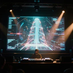 a photo of futuristic hologram dj performance club stage. 35mm photo realistic