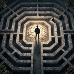 A man on a brain labyrinth, top cinematic view, fantasy artwork, trending on artstation, very coherent