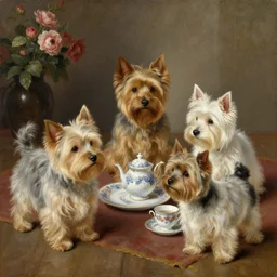 3 fluffy norfolk terriers having tea party in mytishchi, painting by perov