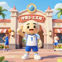 the sports - themed mascot of the sports - land theme park, posing with sports athletes inside the sports - town attraction