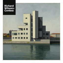 a painting of a building in the middle of a body of water, a surrealist painting by richard wilson, behance contest winner, brutalism, matte drawing, dutch golden age, academic art