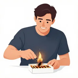 a man smiling as he lights a box of cockroaches on fire