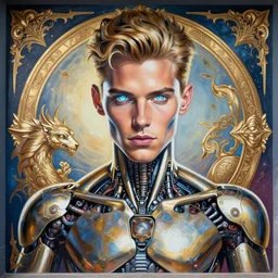 beautifully painted mural of a stunning cyborg michael cera in ornate royal metallic fabric, piercing glowing eyes, sci fi scenery, vogue cover poses, mural in the style of sandro botticelli, caravaggio, albrecth durer
