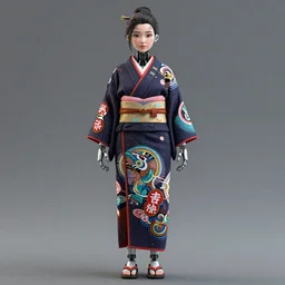 full body photo of a belle delphine robot with kanji tattoos and decals wearing a digital pixelated kimono, intricate design, photo - realistic, octane render, ultra fine detailed, character design, trending on artstation