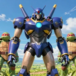 mazinger z mecha in a pasture whit the ninja turtles, looking at the sky, psychedelic, highly detailed upper body, professionally post - processed, beautiful, symmetry accurate features, epic, octane rendered, anime masterpiece, ilya kuvshinov, krenz cushart, epic, unreal engine 5, lumen, nanite