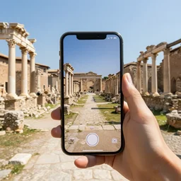 a selfie taken by a modern day phone in an ancient roman town in 20bc.