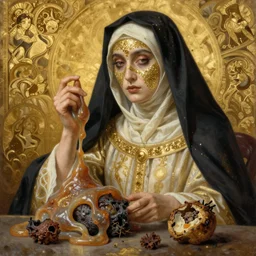 masterpiece ultrarealistic ultradetailed stefan gesell medium shot painting of slime catholic veiled lady beside rotten fruit still life, intricate, elegant, dramatic lighting, greg rutkowski, immerse, 1 9 th, special effects makeup, maximalist, glittering, gold, ivory, hyperreal, golden ratio, alphonse mucha